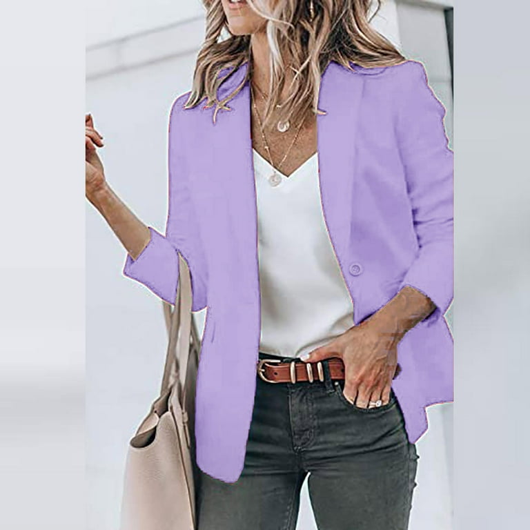 Herrnalise Womens Casual Blazers Open Front Long Sleeve Work Office Jackets  Blazer Floral Color Lapel Collar Jacket Purple,M 
