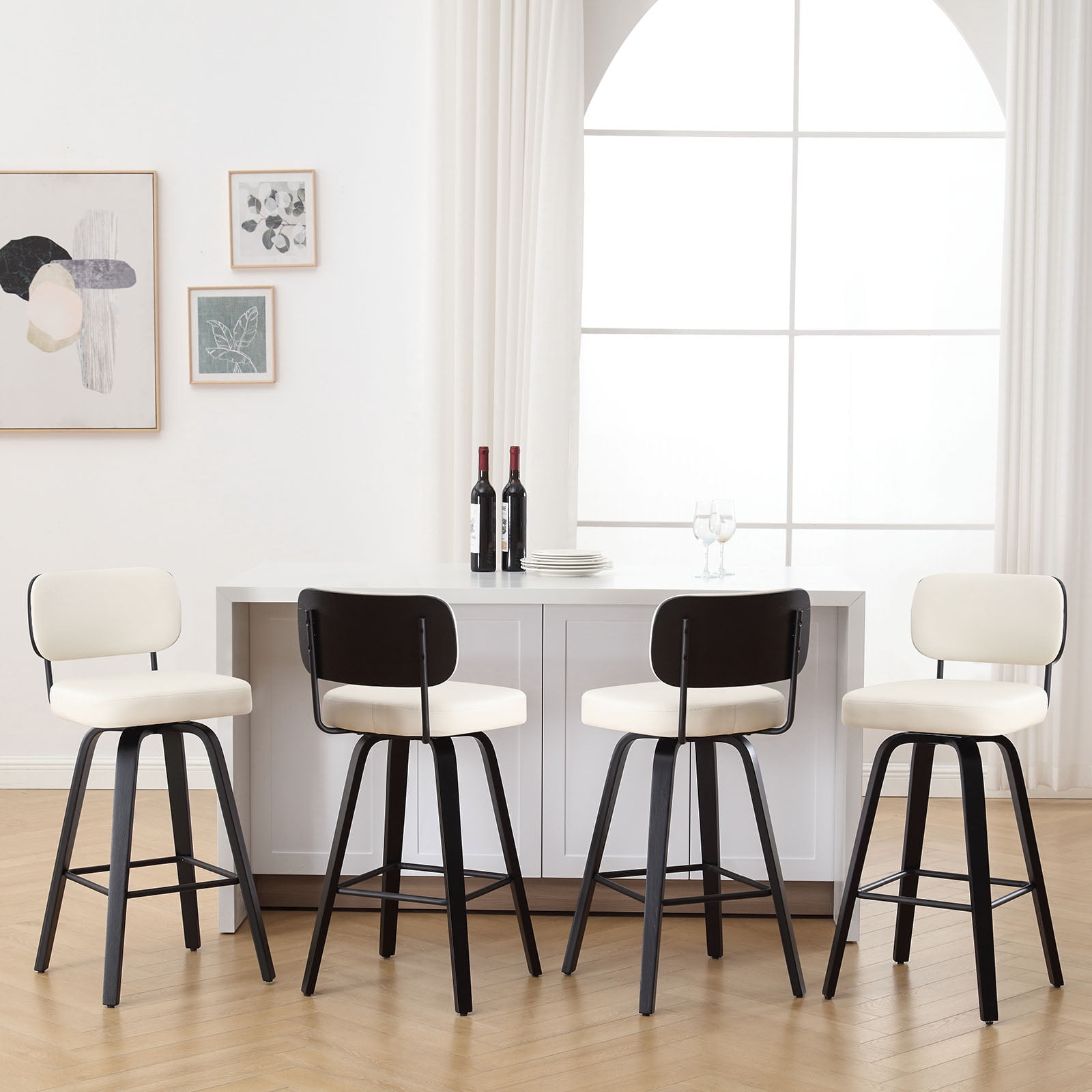 ANMINY Swivel Counter Height Bar Stools, Set of 1, Upholstered Faux Leather Barstools with PU Back, 29" Seat Height Bar Chairs for Kitchen Island, Bentwood Wood Frame