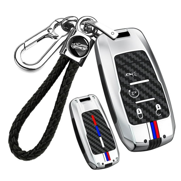 4-Button Key Fob Cover Compatible with Dodge Ram 1500 2500 3500 4500 5500 2019-up Car Accessories,Metal and Silicone Key Case with Fluorescent Strips