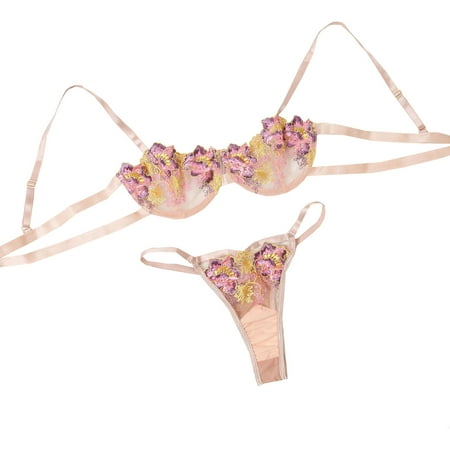 

YYDGH Women s 2 Piece Floral Embroidery Mesh Underwire Bra and Thong Lingerie Set Beige S