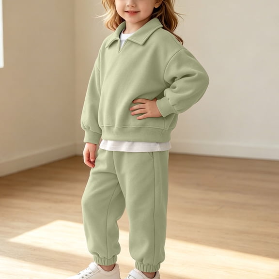 Amidoa Girls 2 Piece Outfits Fall Winter Clothes Solid Color Soft Cotton Long Sleeve Top and Casual Pants Kids Clothing Sets Size Green 18 Months