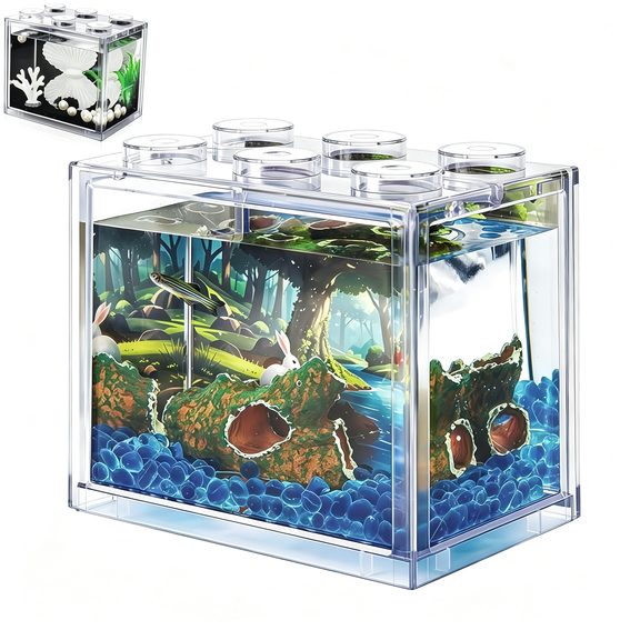 XIBUFE Small Betta Fish Tank,Mini Sea Monkey Tank Aquarium Kit with Gravel &Amp; Background Resin Decor,0.6 Gallon Stackable Tabletop Fish Bowl Accessories for Shrimp Seaweed Ball
