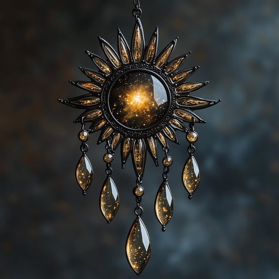 Celestial Sun Acrylic Suncatcher – Solar Dreamcatcher Faux Stained Glass Window Hanging With Golden Teardrop Charms, Cosmic Boho Gift