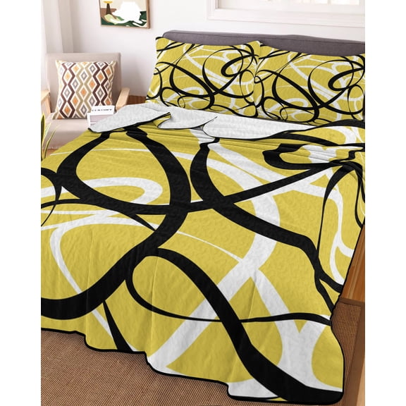 Yellow Geometric Queen Size Down Alternative Comforter, Lightweight Comforter Quilt Bedding Set with Pillow Shams Farmhouse Abstract Black White Striped All Seasons Bed Comforter Duvet Insert 90"x96"