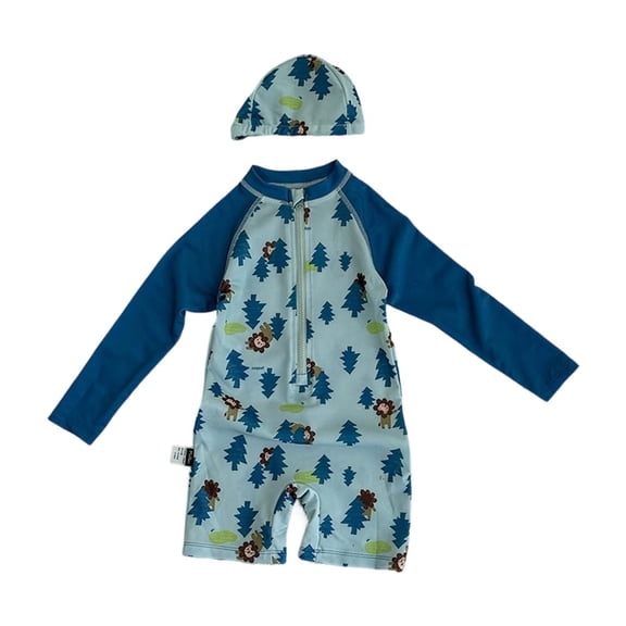 Baby Boy Outfits Slim Patchwork Print Mock Neck Long Sleeve One-Piece Swimsuit And Cap 2 Piece Boys' Clothing Sets Size 3-4 Years
