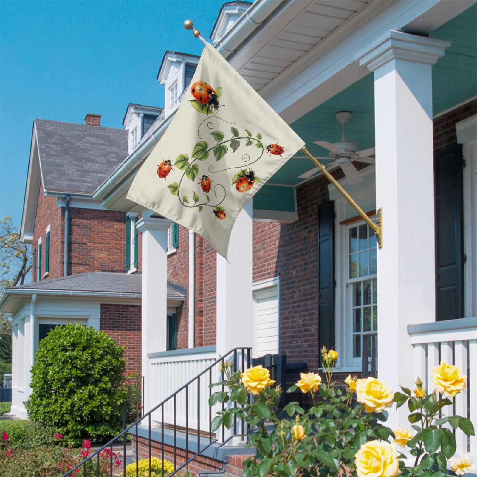 Red Ladybugs House Flag 28 x 40 Inches, Vines Cartoon Leaves Spring Plants Green Weather Proof Outdoor Patio Flags Double Sided Small House Decoration for Yard Lawn Outside Home