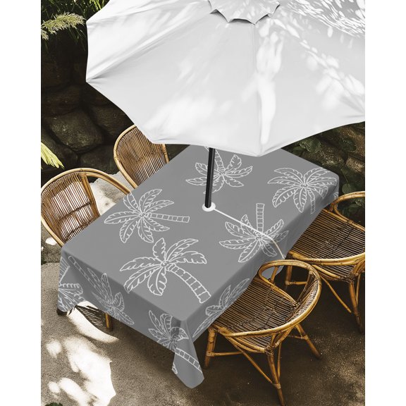 Outdoor Tablecloth with Umbrella Hole, Coastal Tropical Palm Trees Zippered Table Cloth for Rectangle Tables, Gray Background Washable Waterproof Tablecloths for Picnic Patio Garden