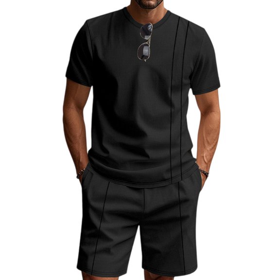 Men's Short Sleeve Outfits Shirt Sets Shorts for Casual Black S