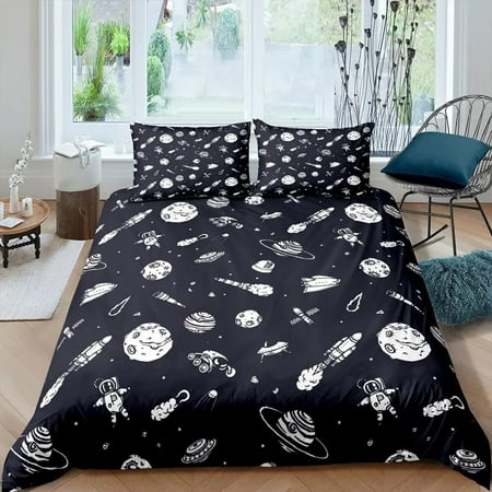 Rocket Duvet Cover Set King Size Spaceship Bedding Set Twin Microfiber Outer Space Galaxy Stars Planet Cartoon Style Quilt Cover