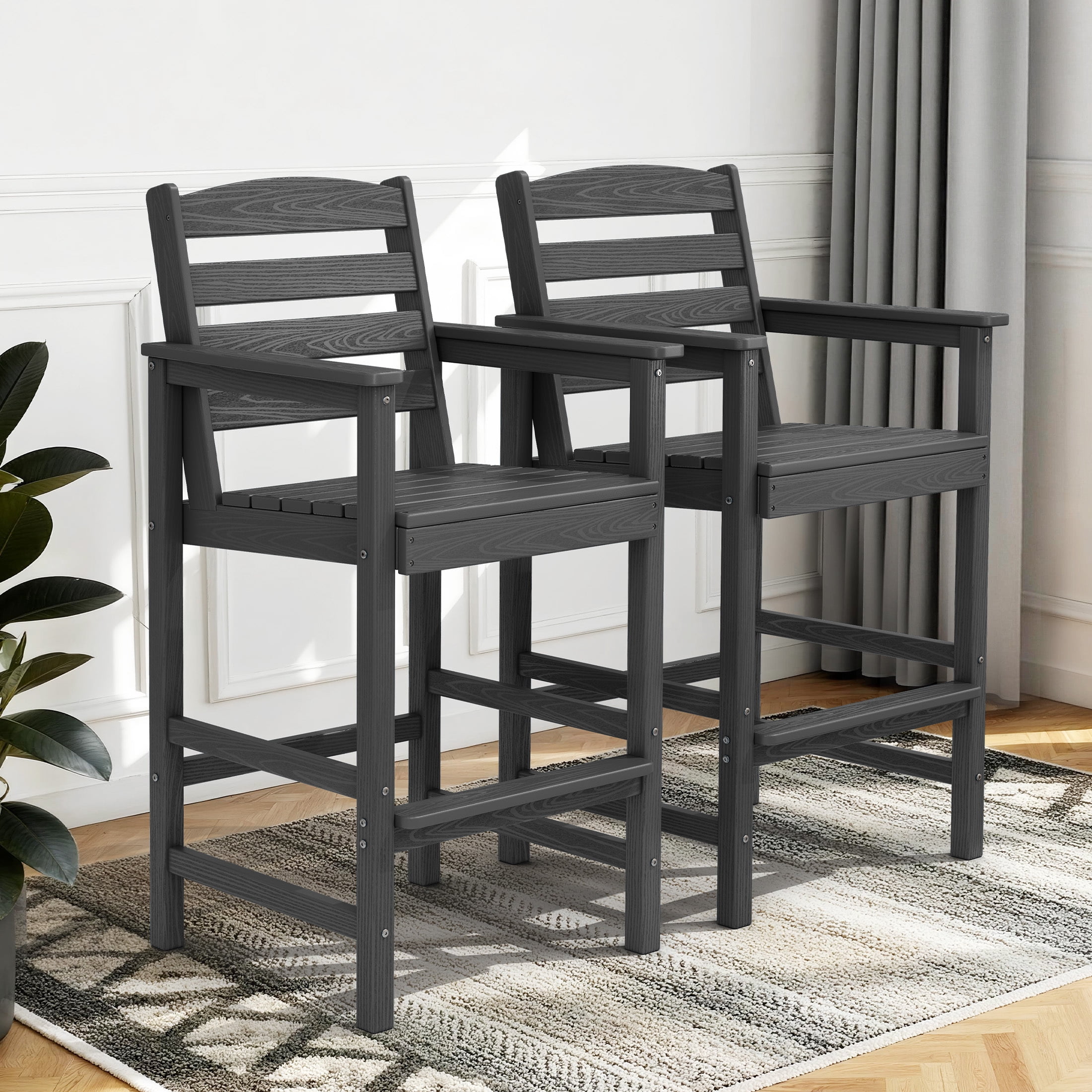 RIAFUN HDPE Outdoor Bar Stools Set of 2, Oversized Wide Seat Tall Patio Adirondack Chairs, Weather Resistant for Patio, Poolside, Garden, Gray
