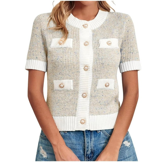 Npasoilc Knitted Cardigan Sweaters for Women Button Down Short Sleeve Blouse Tops Soft Comfy Cardigans Color Block T-Shirts
