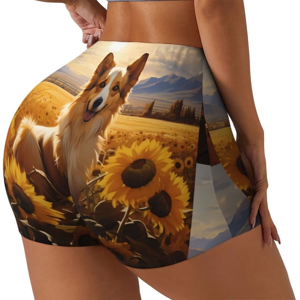 Balery Pastoral Sunflower Corgi Pantalones cortos de entrenamiento estampados para mujer, sin costuras, ajustados, para gimnasio, yoga, correr, deportes, ejercicio activo, fitness.-Large