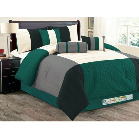 7 Pc Patchwork Quatrefoil Trellis Pleated Striped Comforter Set King 7 Pc Patchwork Quatrefoil Trellis Pleated Striped Comforter Set King Teal Blue Green Black Gray Beige