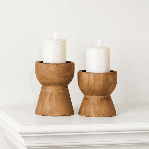 Solid Wood Pedestal Candle Holders Set of 2 Rustic Brown Farmhouse Decor