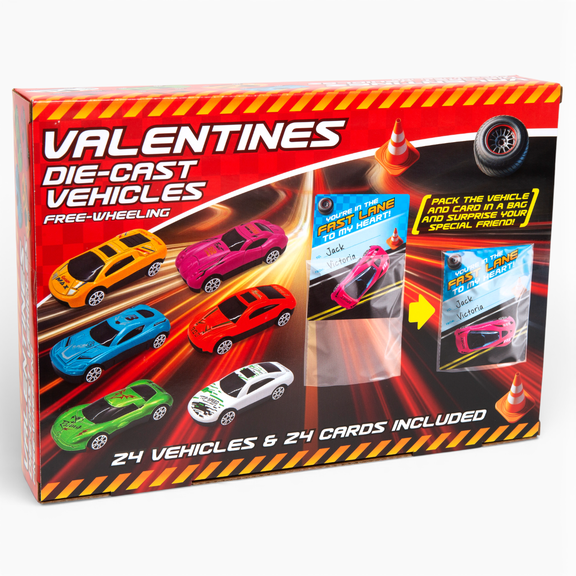 Boley Valentine Die-Cast Play Vehicles Classroom Exchange Set with Cards & Treat Bags, 24-Piece