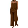 thumbnail image 3 of VISALY Women 2 Piece Summer Linen Beach Outfits Round V Neck Sleeveless Tank Tops Spaghetti Strap Vest Cotton Linen Tees Elastic High Waist Long Pants Casual Loose Lightweight Gauze Sets Brown 4Xl, 3 of 8