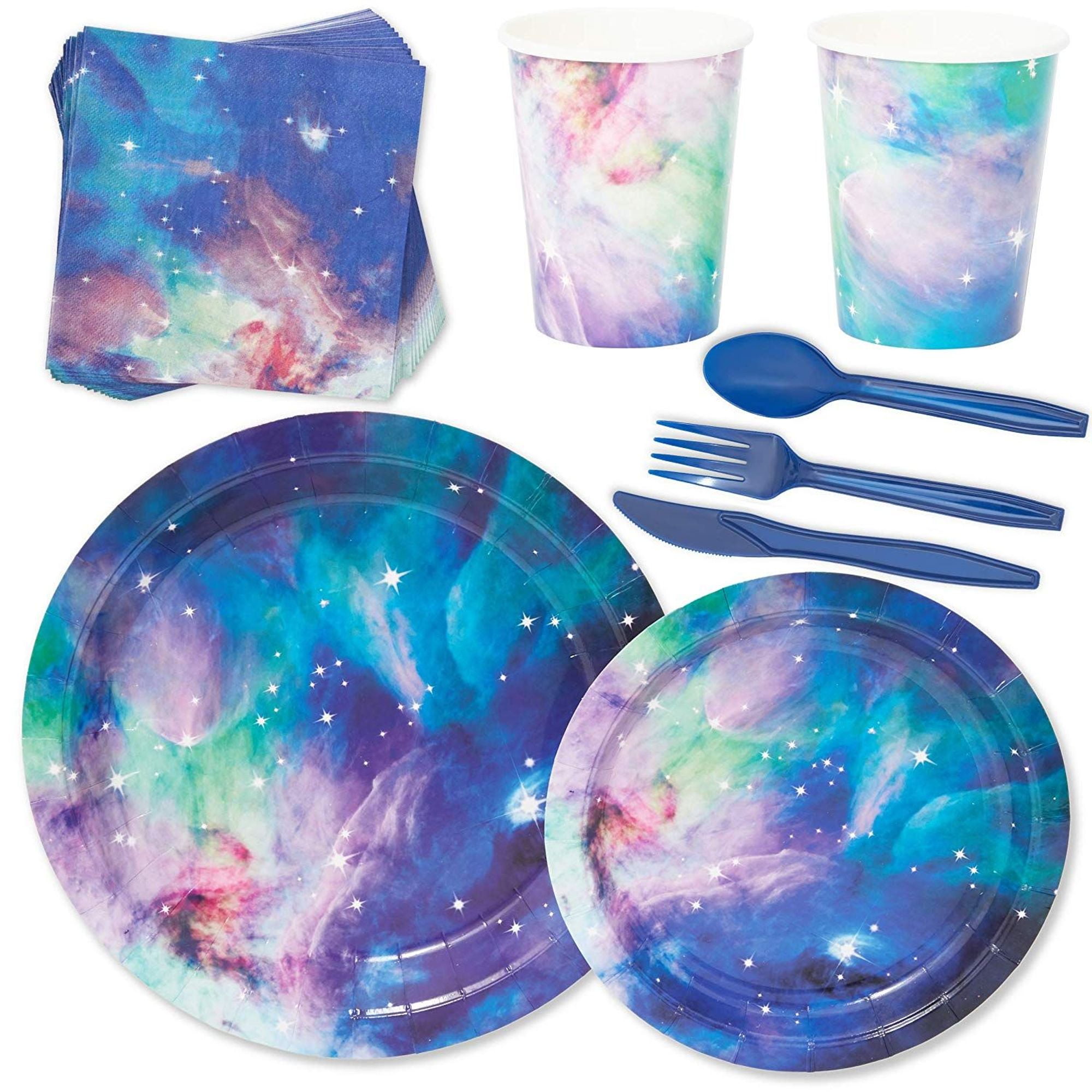 Serves 24 Cosmetic Galaxy Stars Universe Outer Space Party Supplies, 168PCS Plates Napkins Cups, Favors Decorations Disposable Paper Tableware Kit Set for Kids Baby Shower Tea Party Birthday