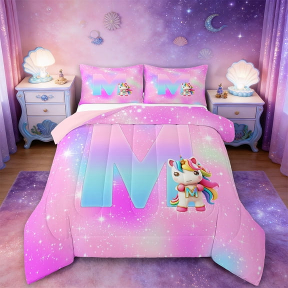 Manfei Girls Personalized Gifts Bedding Comforter Set,Gradient Latter M Twin Comforter Sets,Lovely Unicorn Bedding Set For Princess,Lightweight Room Decoration Reversible,2pcs