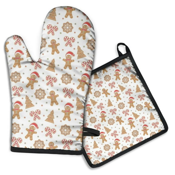White Christmas Gingerbread Man Pattern Kitchen Oven Mitt and Pot Holder Sets 2 Pcs for Baking, Cooking and Grilling, Heat Resistant Up To 392 °F