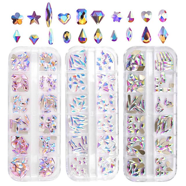 3 cajas de diamantes de imitación para uñas, gemas para uñas con cristales, suministros para decoración de uñas