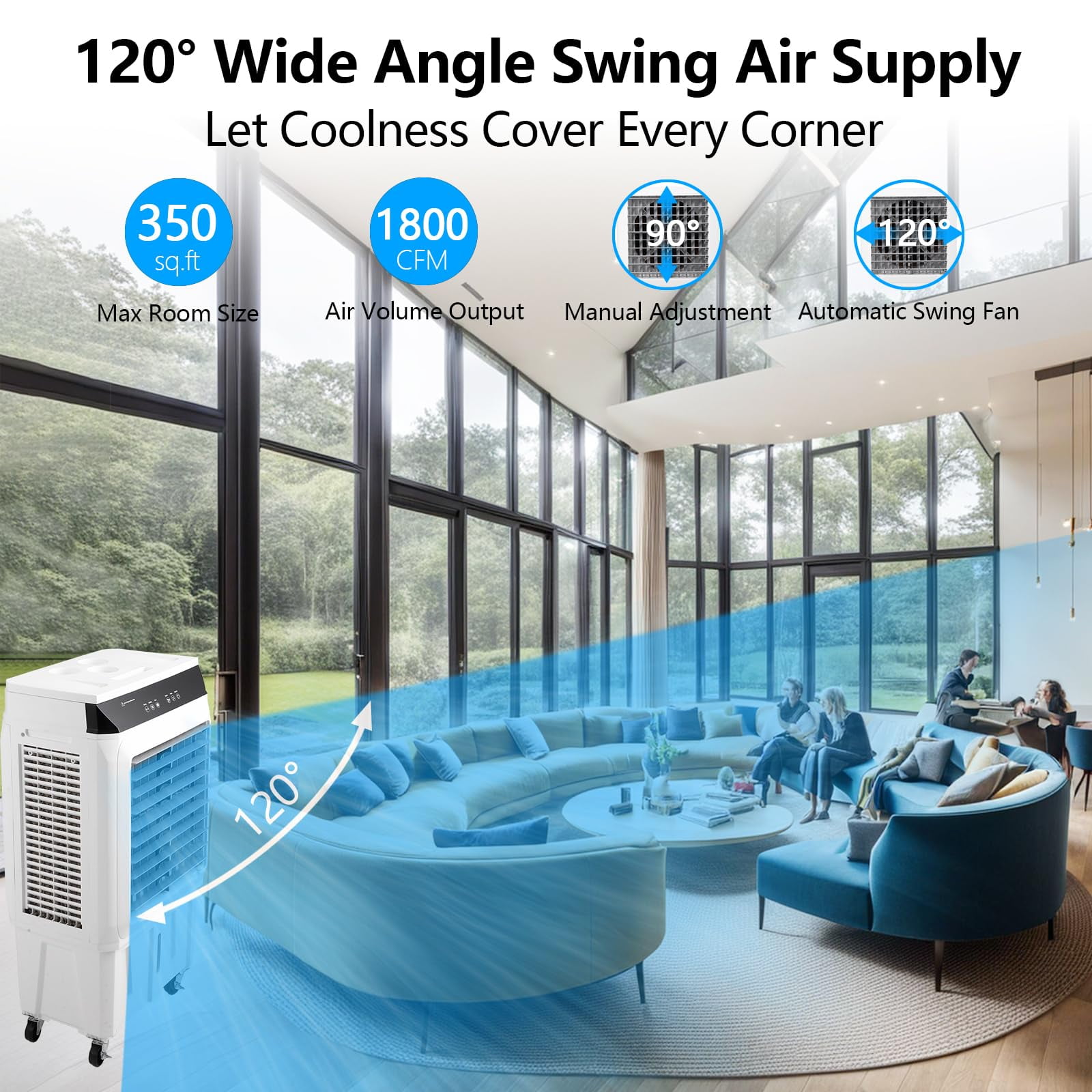 Garvee 3500CFM Portable Air Cooler, 15.8 Evaporative Swamp Cooler, 3-IN-1 Cooling Fan With 4 Ice Packs, 12H Timer, 120°Oscillation, 3 Modes & Wind Speeds,Humidifying Oscillating Fan for Indoor or Ou