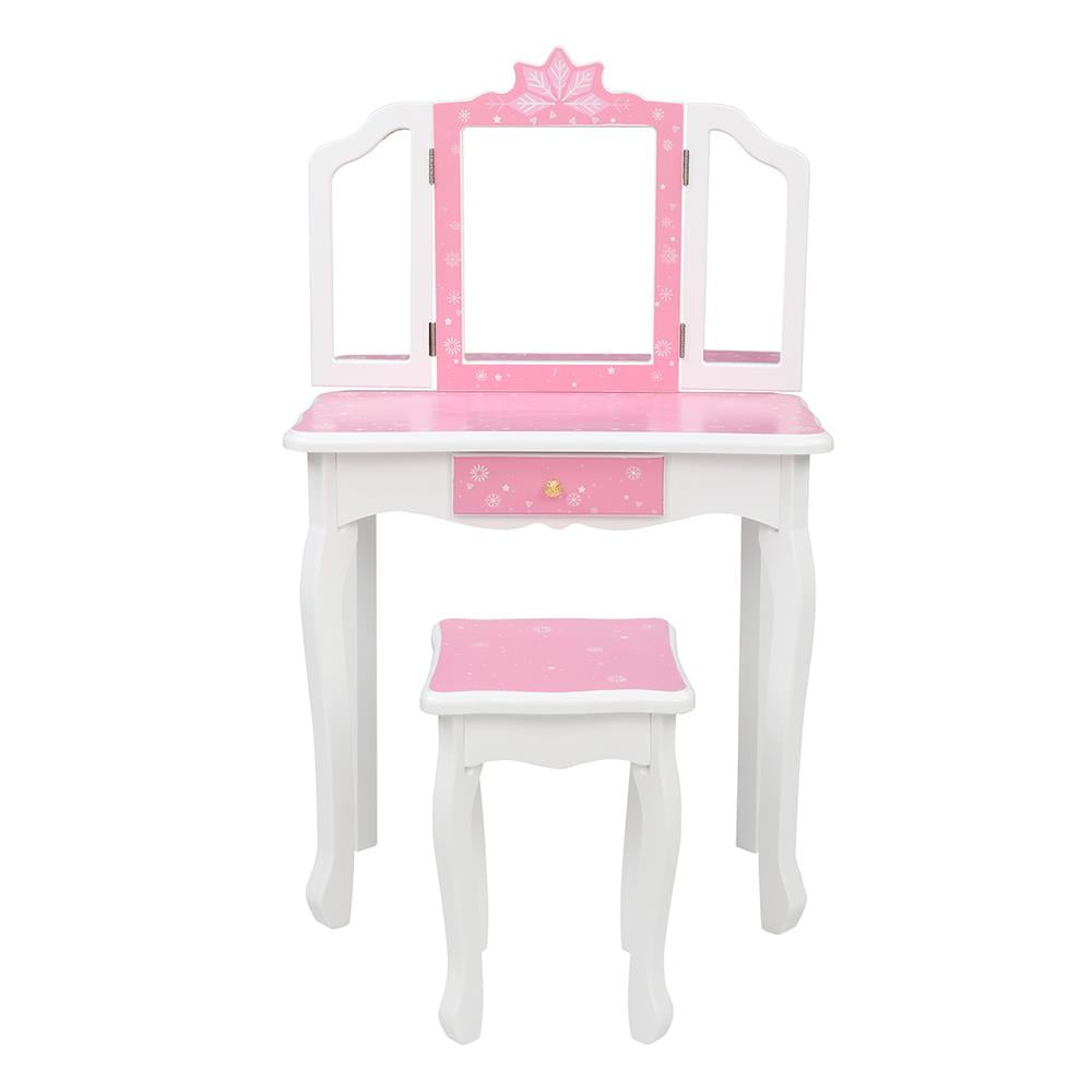 Zimtown Girls Snowflake Style Wooden Makeup Desk w/ Mirror,Stool,Drawer Pink