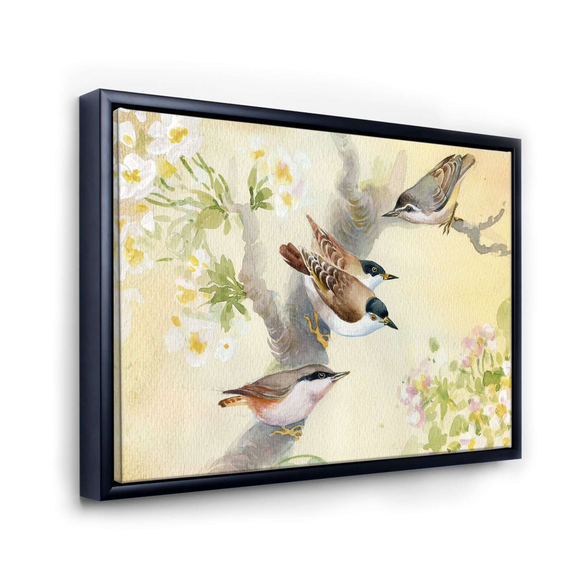 Designart 'Birds Sitting On A Blossoming Apple Tree' Traditional Framed Canvas Wall Art Print