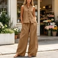 thumbnail image 6 of Mifsaly Two Piece Vacation Sets for Women Sleeveless Button Down Shirt and High Waisted Wide Leg Palazzo Pants Lightweight Flowy Summer Matching Lounge Outfits with Pockets Brown,XL, 6 of 7