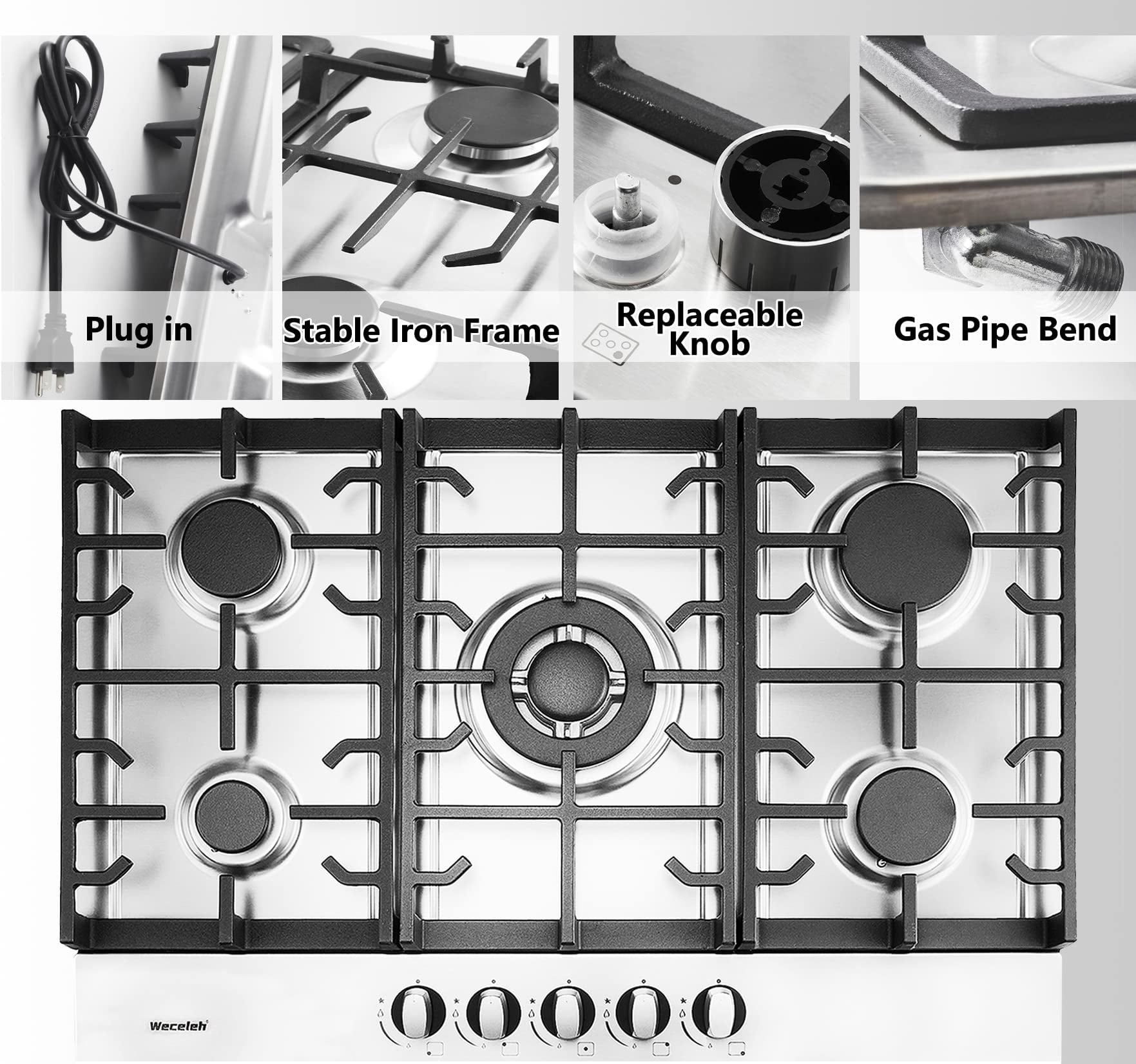Gas Cooktop 30 inch, Dual Fuel 5 Burners Gas Cooktop, Drop In Gas Stove, 120V