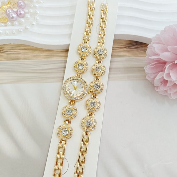2pcs/set Women's Gold Tone Round Quartz Watch Set, Floral Crystal Inlaid Bracelet Watch with Matching Bracelet, Elegant Analog Dress Wrist Watch for Party Daily Wear