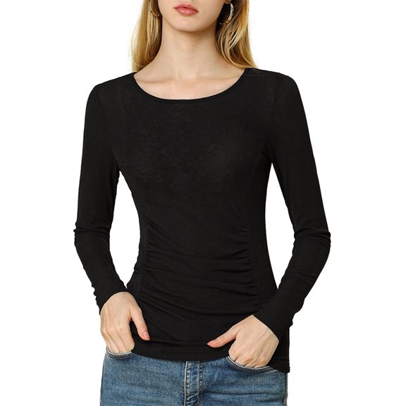 MODA NOVA Junior's Ruched Stretchy Crew Neck Slim Fit Basic Tops Black XS