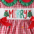 thumbnail image 4 of Pandaie Toddler Girls Christmas Gingham Long Sleeve Bubble Romper Plaid Bow Headband Winter Holiday Infant Outfit Set Red,6-12 Months, 4 of 7