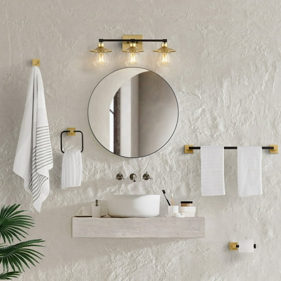 JONATHAN Y Avalon 26" 3-Light Farmhouse Cottage Vanity Light with Bathroom Hardware Accessory Set, Gold Painting/Oil Rubbed Bronze (5-Piece)