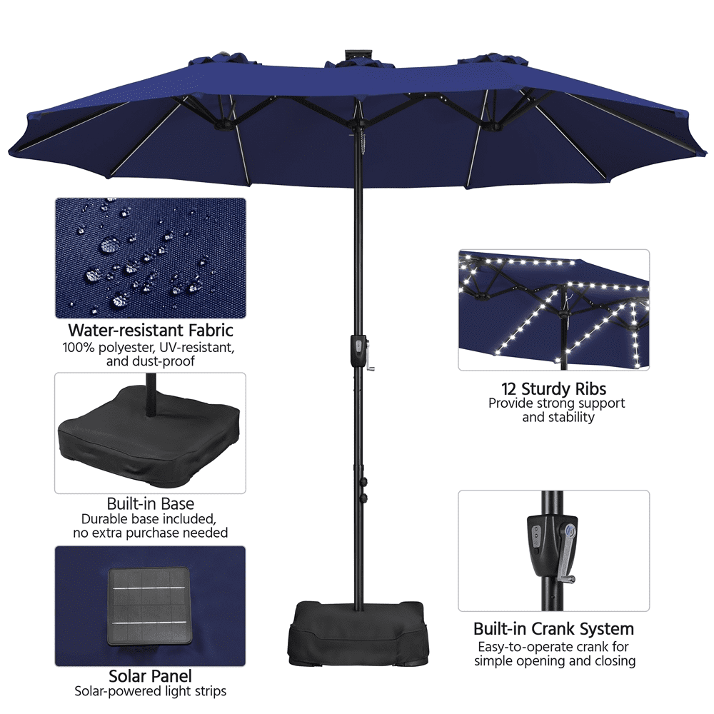 Renwick 13×8ft Large Patio Umbrella with Base & Solar Light Strips, Navy Blue