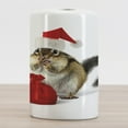 thumbnail image 2 of Christmas Ceramic Toothbrush Holder, Chipmunk in Red Santa Claus Hat and Bag with Surprise Xmas Presents, Decorative Versatile Countertop for Bathroom, 4.5" X 2.7", Pale Yellow White Red, 2 of 4