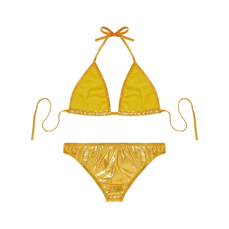 YEAHDOR Womens Metallic Bikini Set Shiny Bra with O-ring