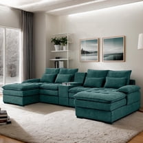 130" U-Shaped Modular Sectional Fluffy Couch, Oversized Cloud Couches with Storage Console & Cup Holders, Doll-Cotton Filling, Comfy Linen Sofa with Chaise, 6-Seater Deep Seat Sofa for Living Room