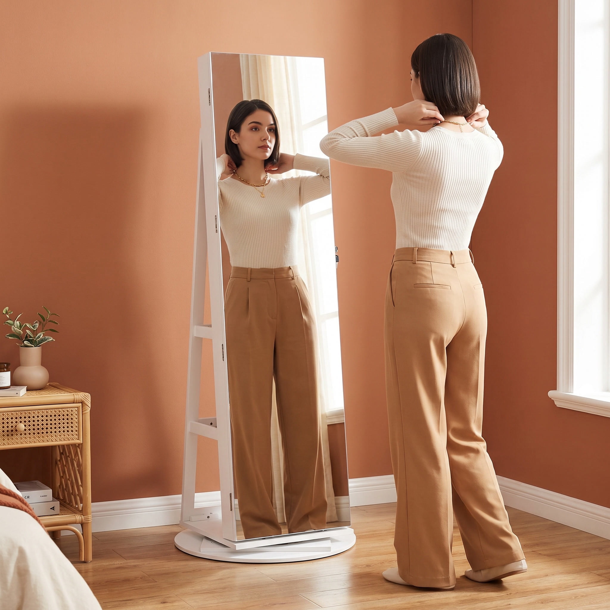 Nordic Hygge 360° Swivel 6-LED Lockable Jewelry Cabinet with Full-Length Mirror – White & Black