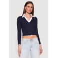 thumbnail image 2 of Women's Contrast Trim Ribbed Knit Cropped Polo Shirt, 2 of 4