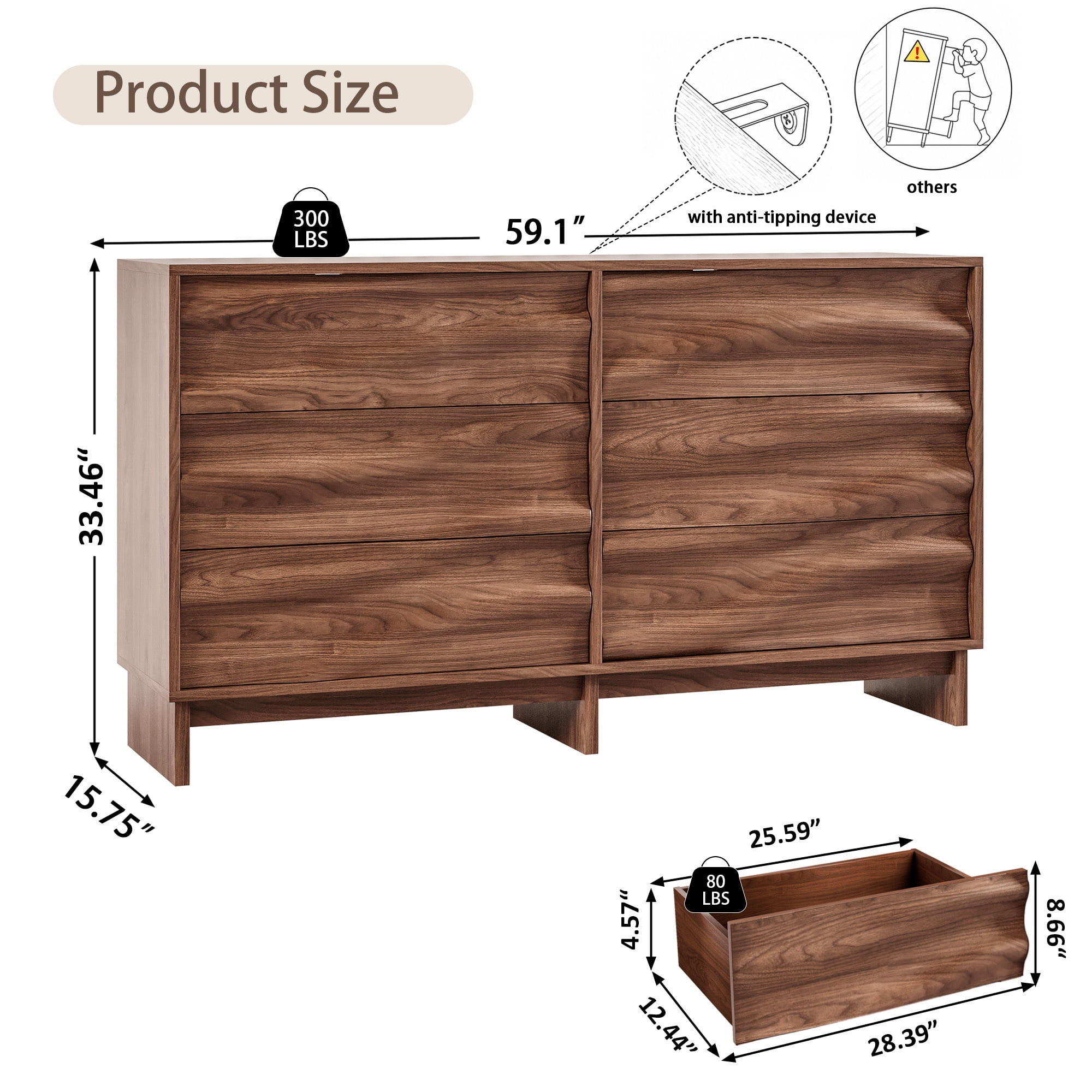 Leumius 59.1" Buffet Sideboard with 6 Drawers, Walnut Finish with Wave Grain Texture, Farmhouse Storage Cabinet for Dining Room Living Room Hallway