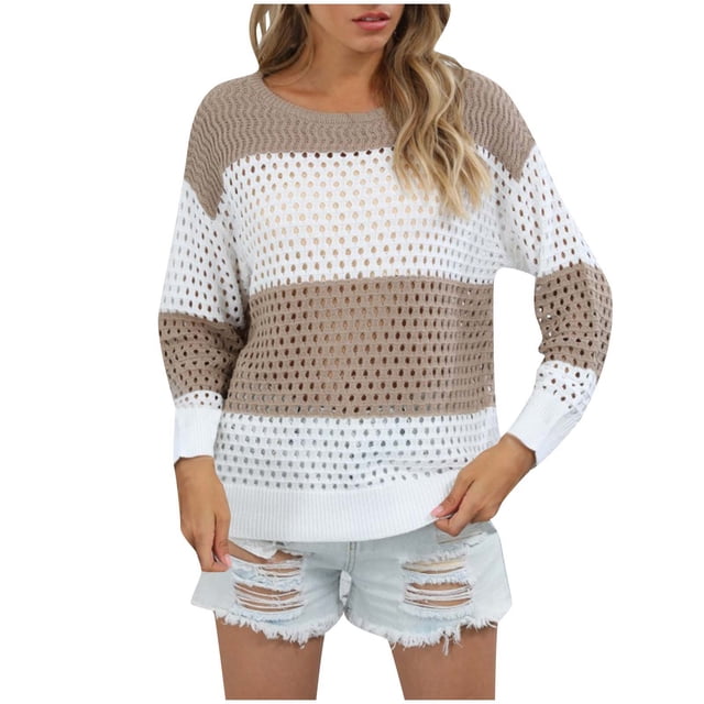 Yuyuzo Hauts Creux pour Femmes Col Rond Manches Longues Chandail-Over Trou à Illets Bloc de Couleur Automne Hauts Décontractés