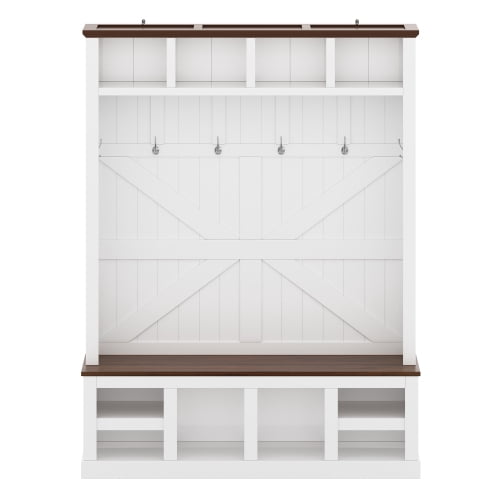78.8" H Farmhouse Hall Tree with Bench and Shoe Storage – Entryway Coat Rack with 6 Double Hooks, 4 Top & 4 Bottom Cubbies, Adjustable Shelves, White