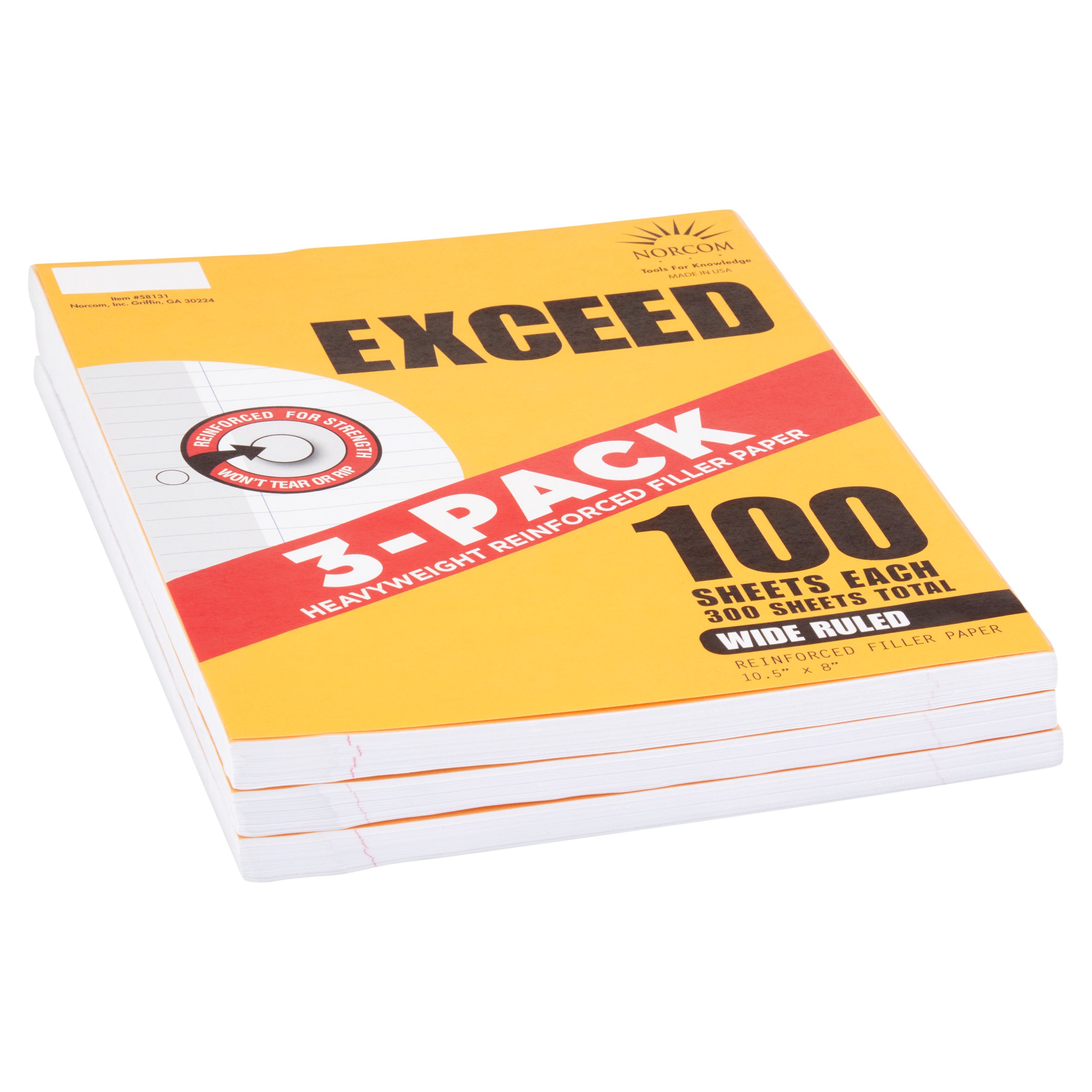 Exceed 3 Pack Wide Ruled Reinforced Filler Paper, 100 Sheets Each, 10.5" x 8"