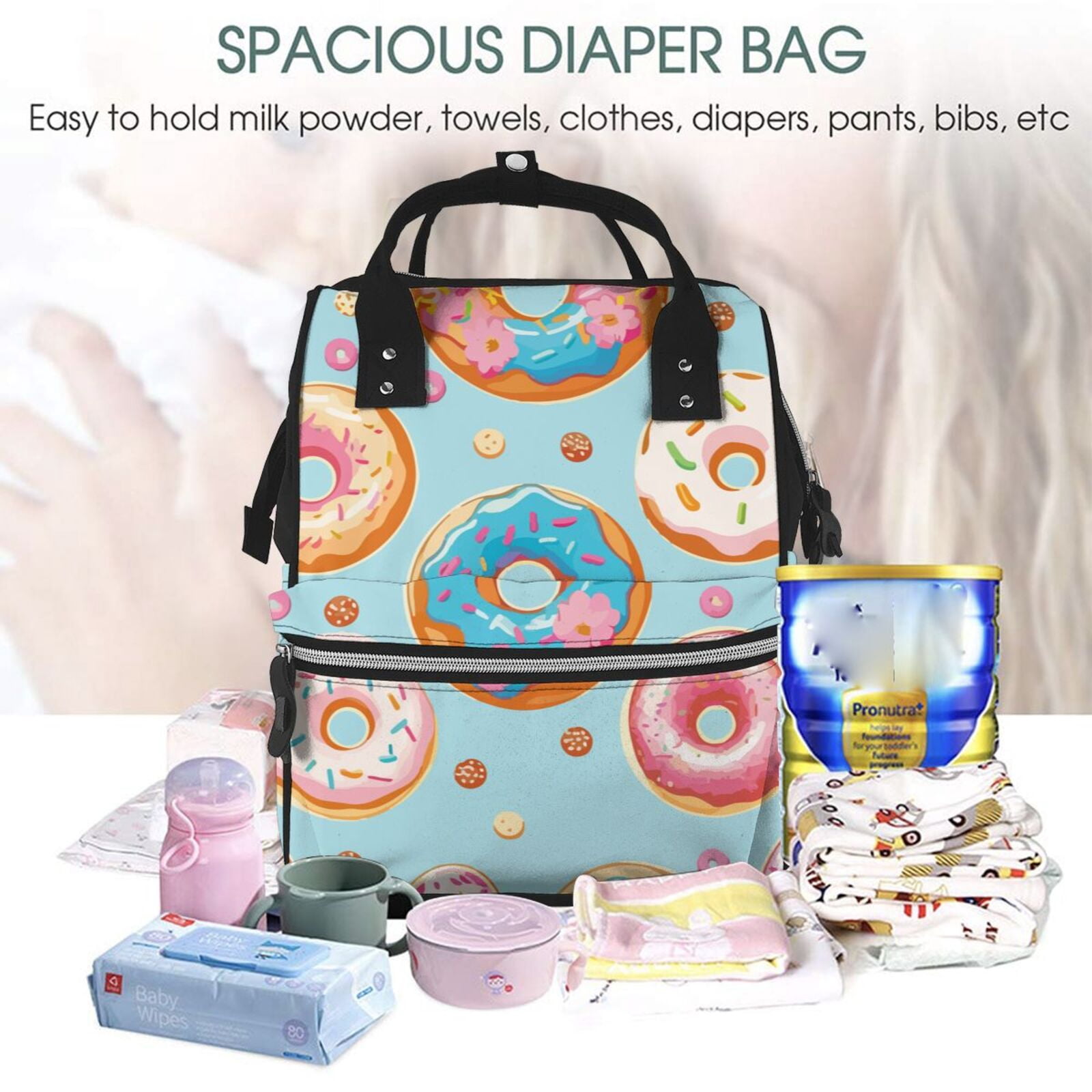 Ratiio Colorful Donut Mummy Backpack - Waterproof Twill Canvas, Large Capacity Diaper Bag with Multiple Pockets and Adjustable Straps