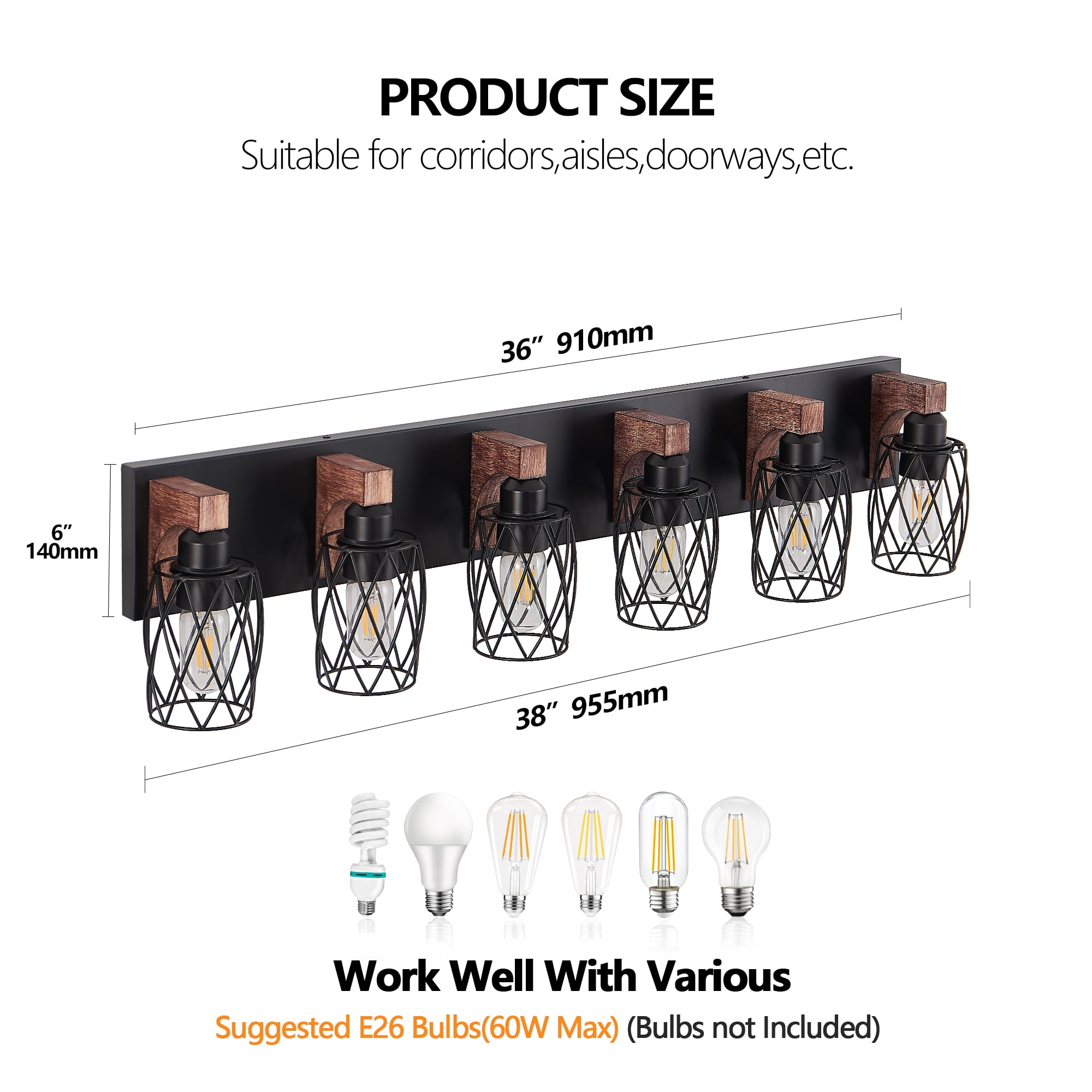 Farmhouse Bathroom Bathroom Vanity Light , 6 Light with Metal and Glass Lampshade, Wood Rustic Lighting Fixtures Over Mirror（37.6inch）