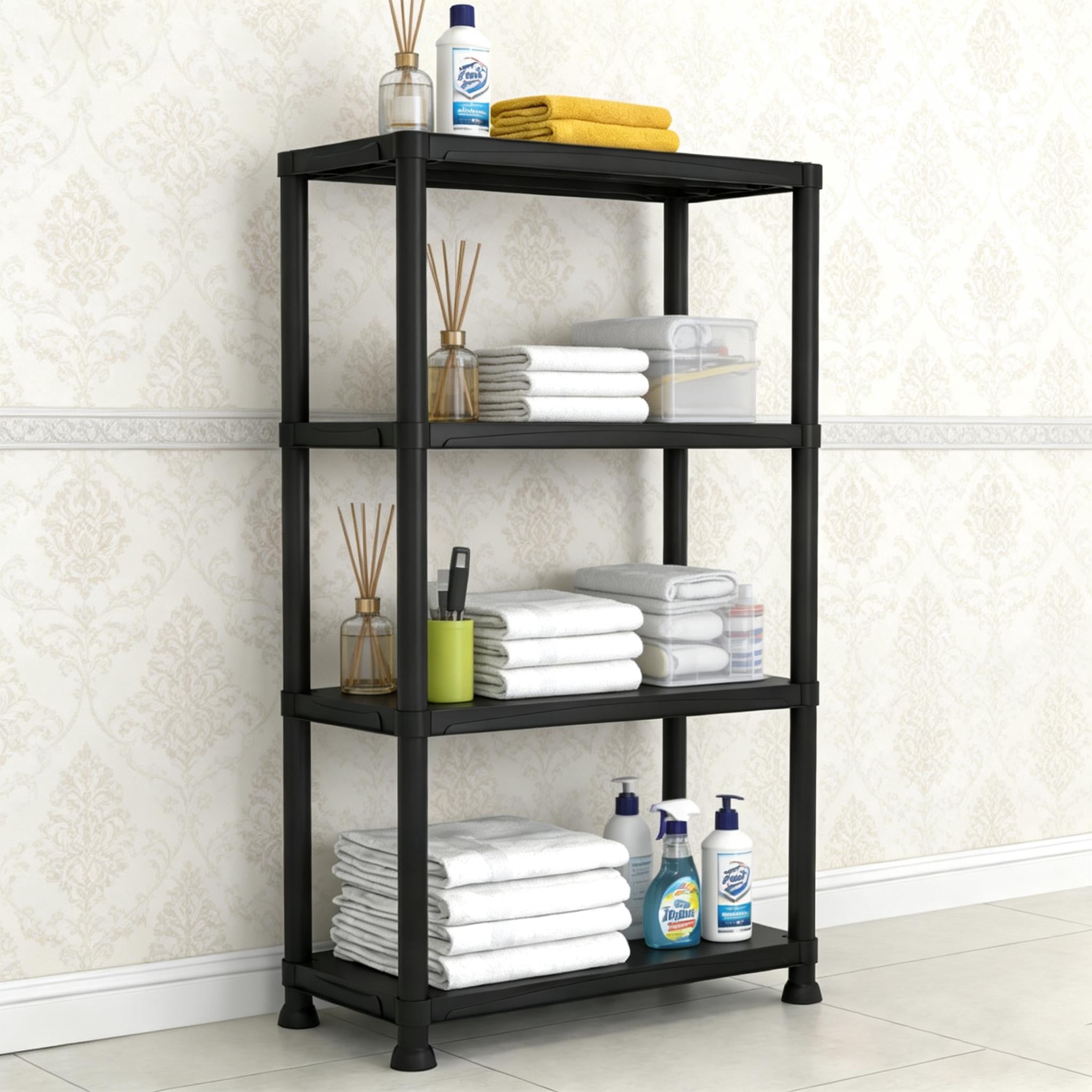 4-Tier Plastic Storage Shelving Unit , Indoor/Outdoor  Storage Organization Rack for Pantry, Office, Closet and laundry room, Heavy Duty Storage Rack for Garage, Black