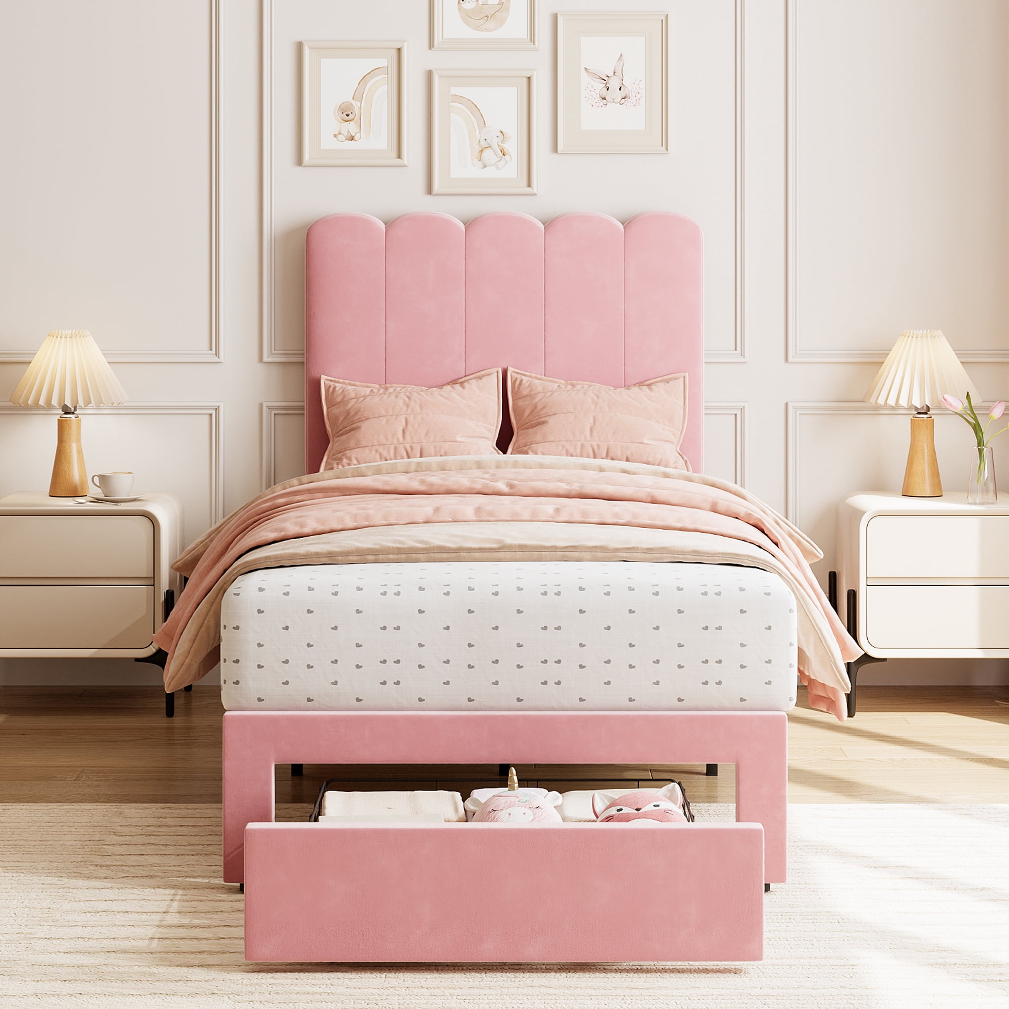 Towallmark 2025 New Twin Bed Frame with Under-Bed Drawer, Low Profile Upholstered Platform Bed with Wave Headboard, Wooden Slats Support, Flannel Pink