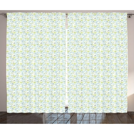 Green Floral Vine - Floral Curtains 2 Panels Set, Flowers and Green Leaves on Ivy Vines Spiral Branches Petals Pattern, Window Drapes for Living Room Bedroom, 108W X 90L Inches, White Grey Yellow Green, by Ambesonne