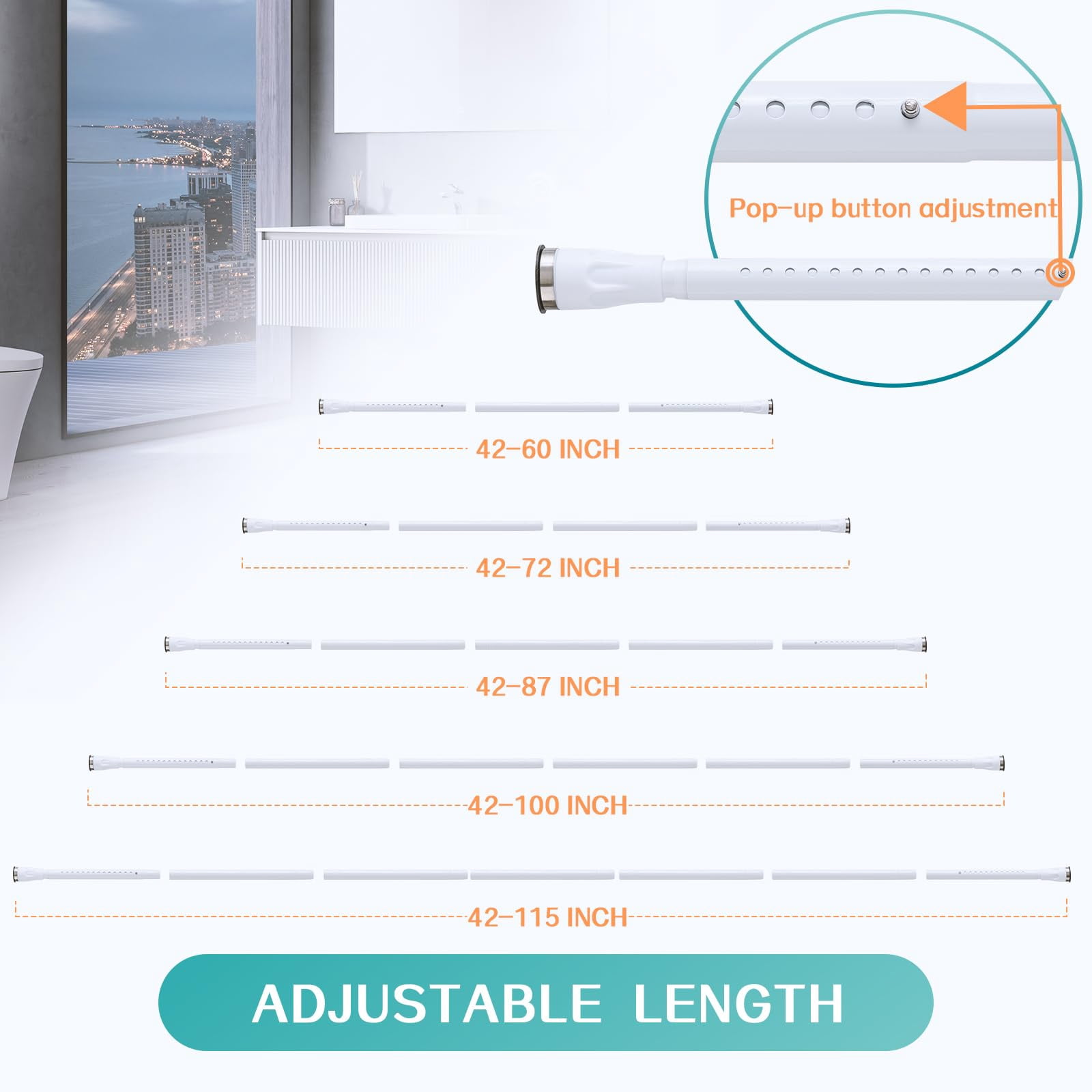 LCOKEIY Tension Shower Curtain Rod, 42-72 inch Adjustable Shower Curtain Rod No Drilling for Bathroom Closet, White