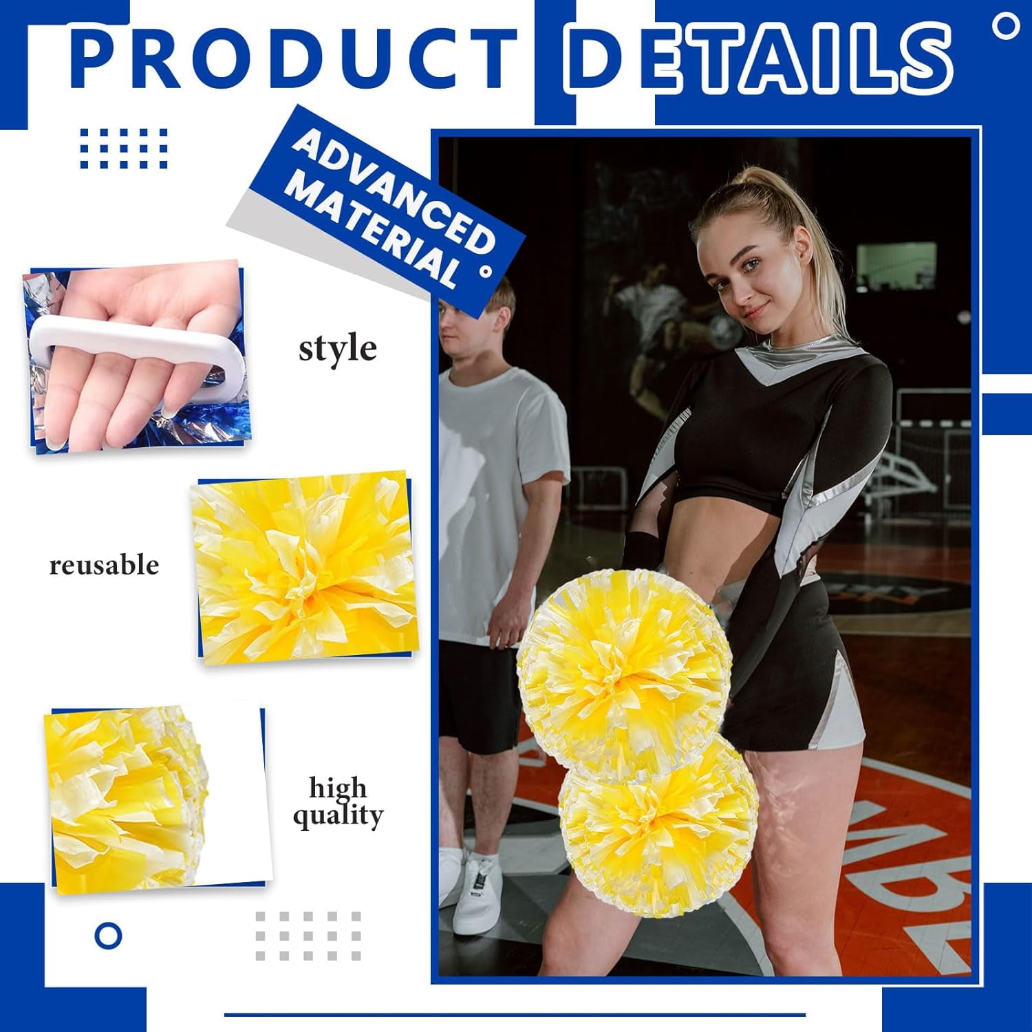 Cheerleader Pom Poms 24 Pack Sports Dance Cheering Plastic Metallic Cheerleading Pom Poms for Kids Adults-Ring Style